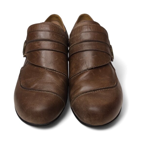 Aetrex Danielle Distressed Leather Monk Strap Heeled Loafers Women's Brown 8.5 - Picture 2 of 11